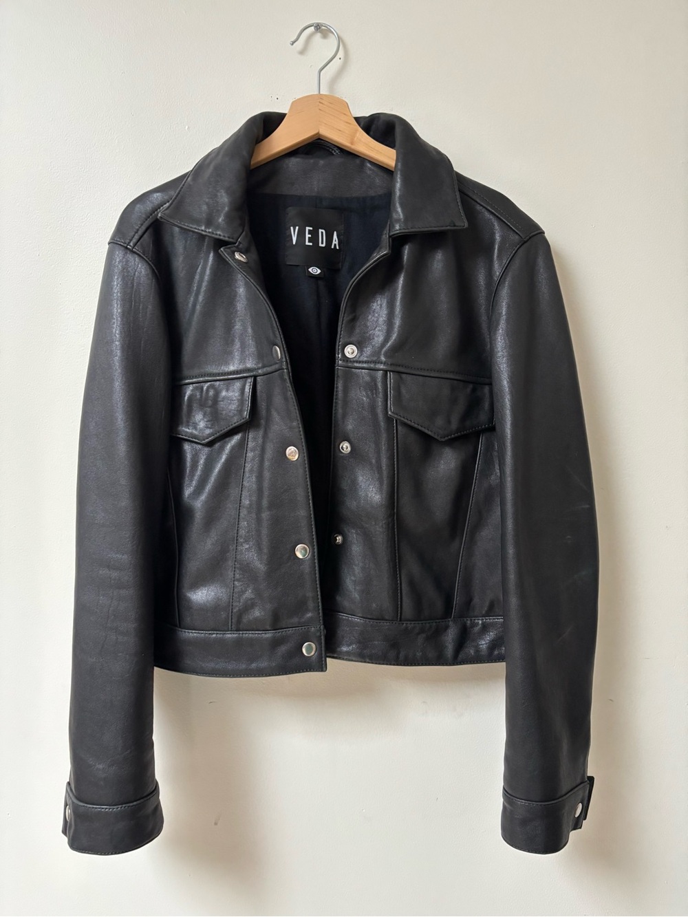 Veda Black Leather Snap-Front Trucker Jacket